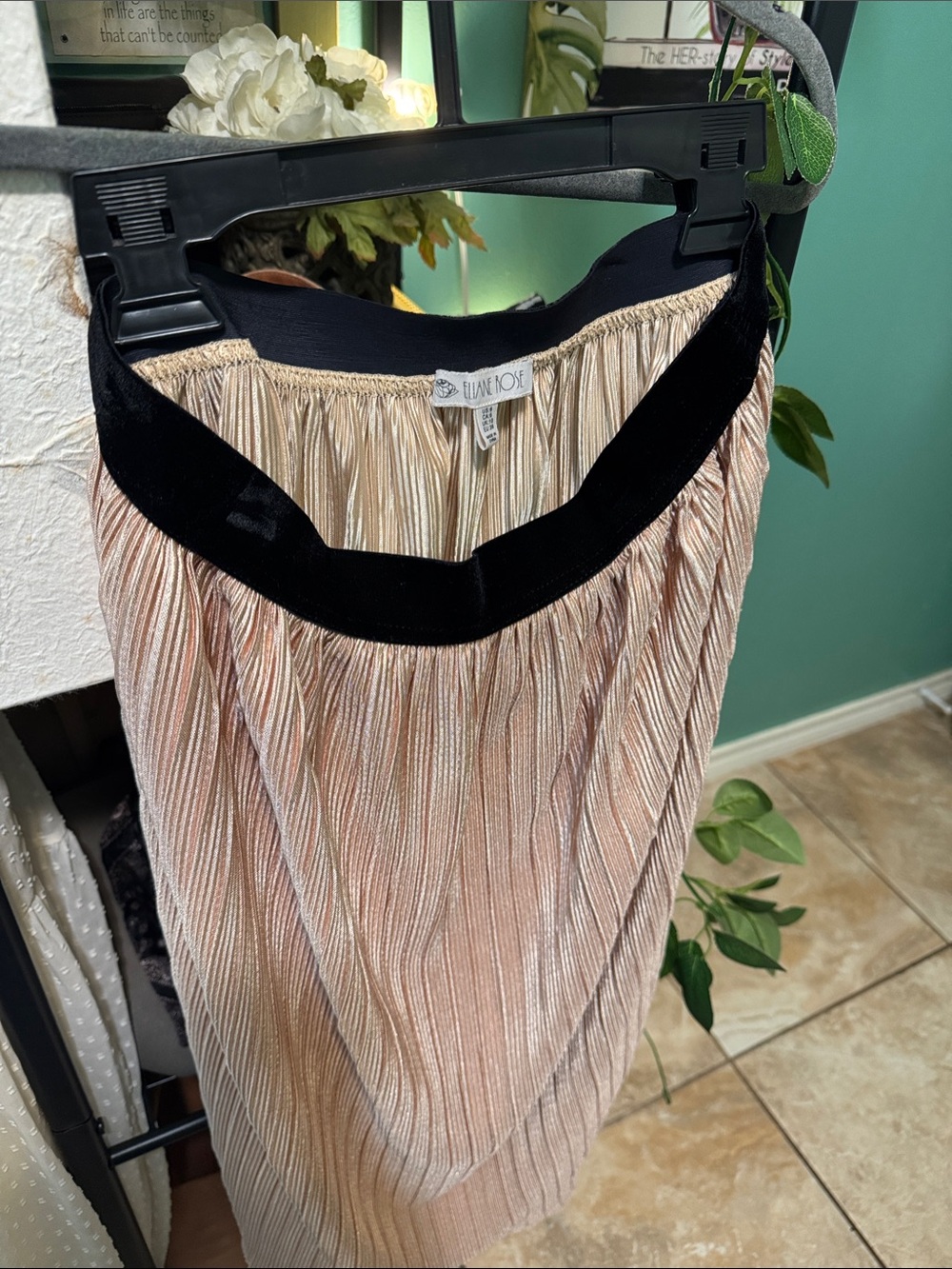 Eliane Rose Blush Pleated Midi Skirt with Black Velvet Trim